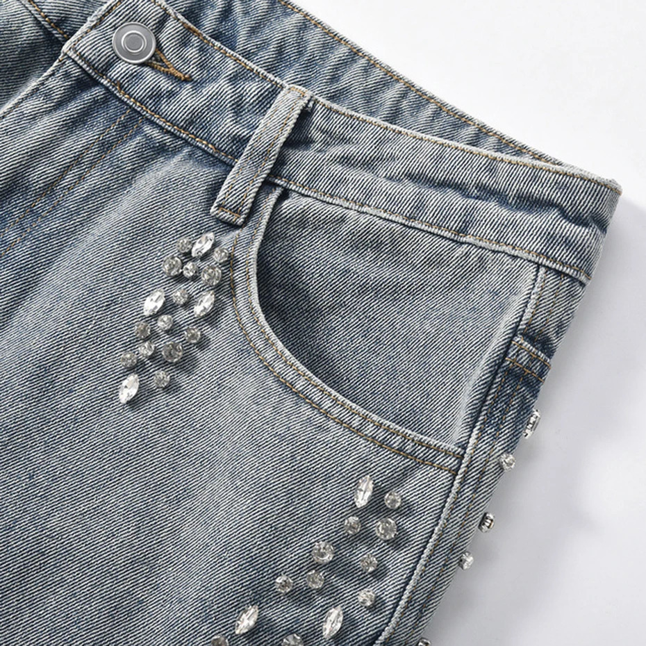 Diamond Jeans Side Rhinestone Wide Leg Baggy Jeans Men Streetwear Fashion Denim Pants Black Blue Hipster Jeans 251023