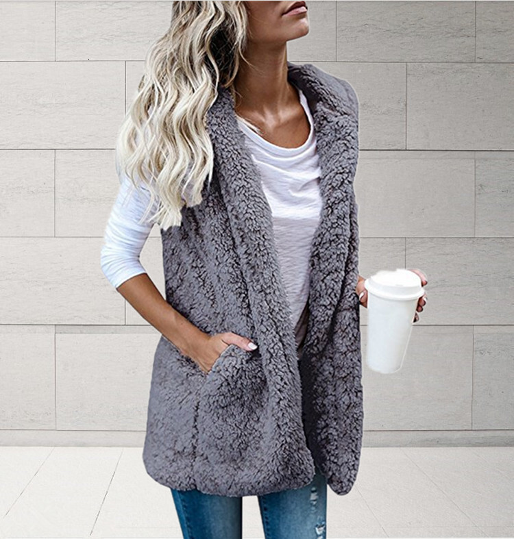 Autumn Winter Plus Size Women's Fashion Solid Color Sleeveless Hooded Pocket Fuzzy Vest