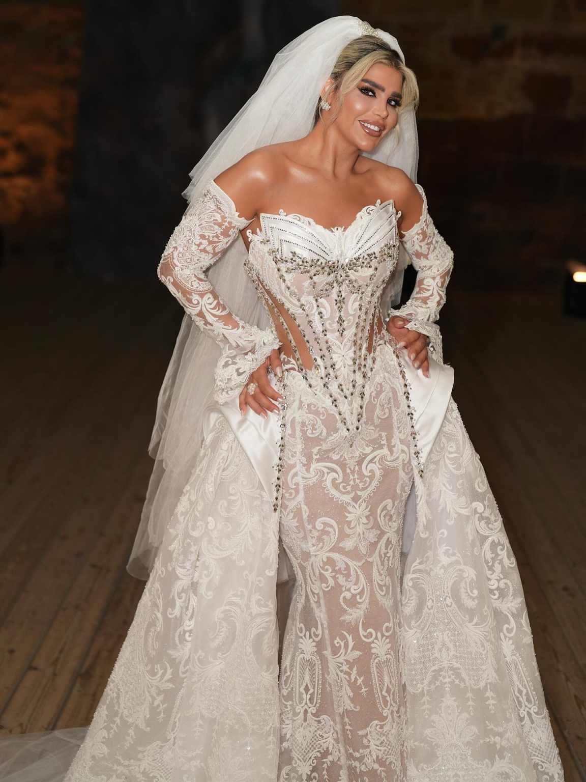 Pearls Sweetheart Neck Detachable Long Sleeve 2 Pieces High Quality Lace Mermaid Wedding Dress Elegant Vestido De Noiva Sereia