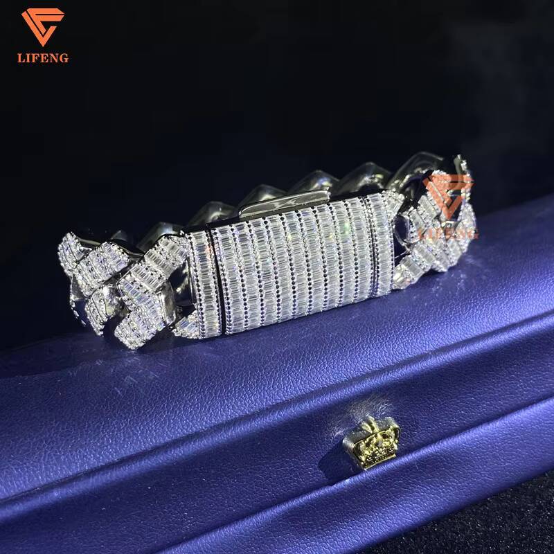 Hip Hop Jewelry Popular Special Design Buss Down 20MM Baguette Moissanite Diamond Cuban Link Bracelet for Men