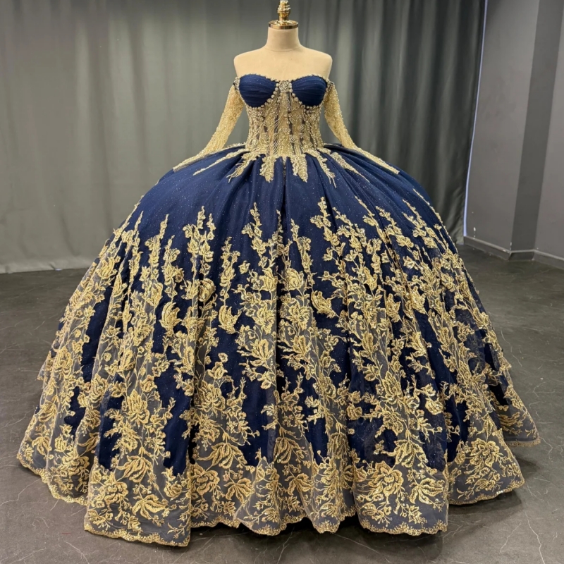 Royal Blue Shiny Quinceanera Dresses Ball Gown Off The Shoulder Gold Applique Lace Beading Tull Long Sleeves Party Birthday Sweet 16 Dress Vestidos 15