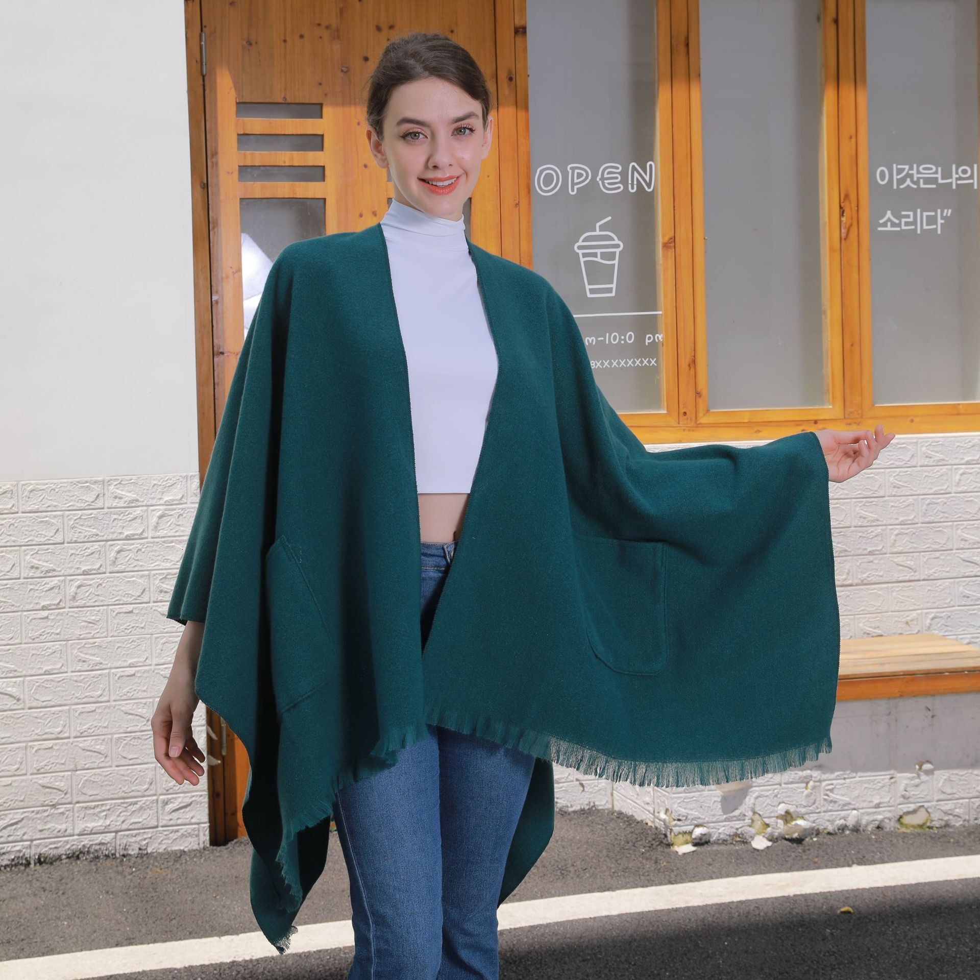 New Solid Color Pocket Shawl for Women Versatile Tassel Split Cape Travel Outerwear Warm Cardigan