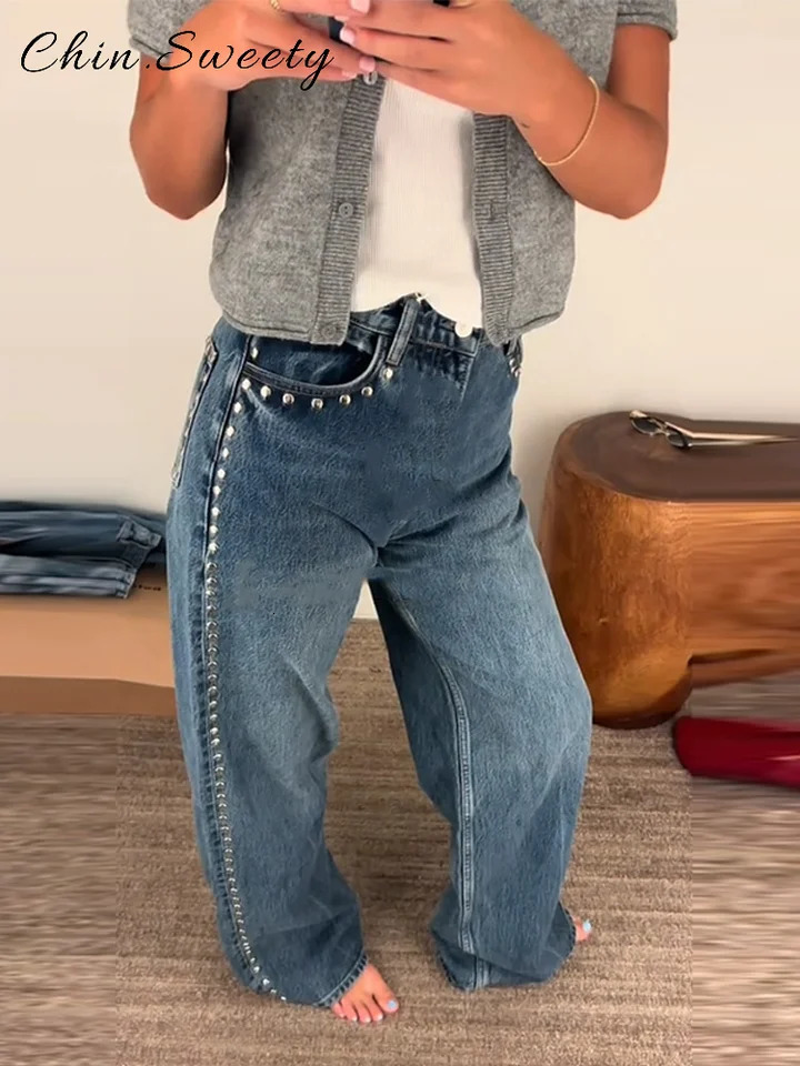 Chic Womens Ripped Pockets Denim Trousers Loose Low Waist Zipper Wide Leg Jeans Female Autumn High Street Casual Pants 251024