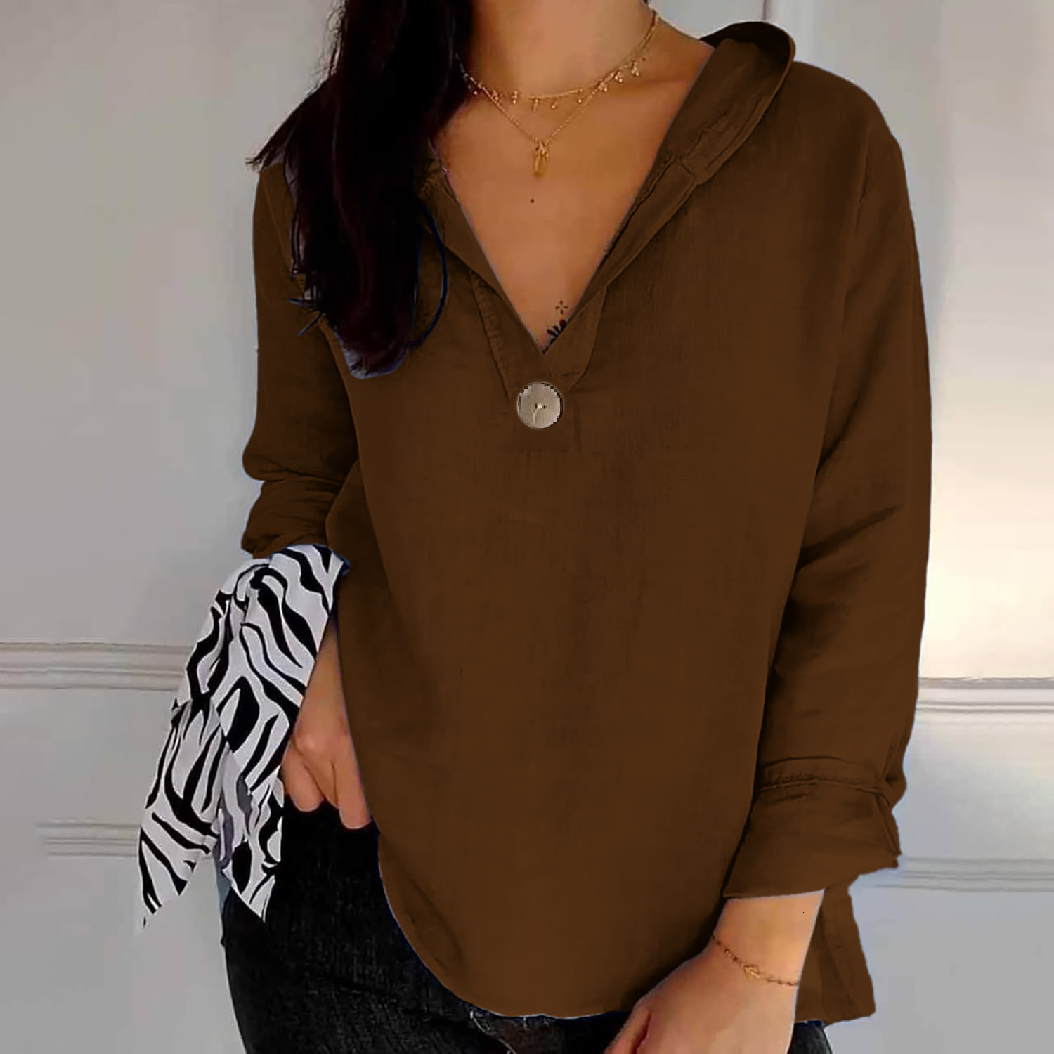 2025 New Womens Hooded VNeck TShirt Loose Slimming Long Sleeve Top