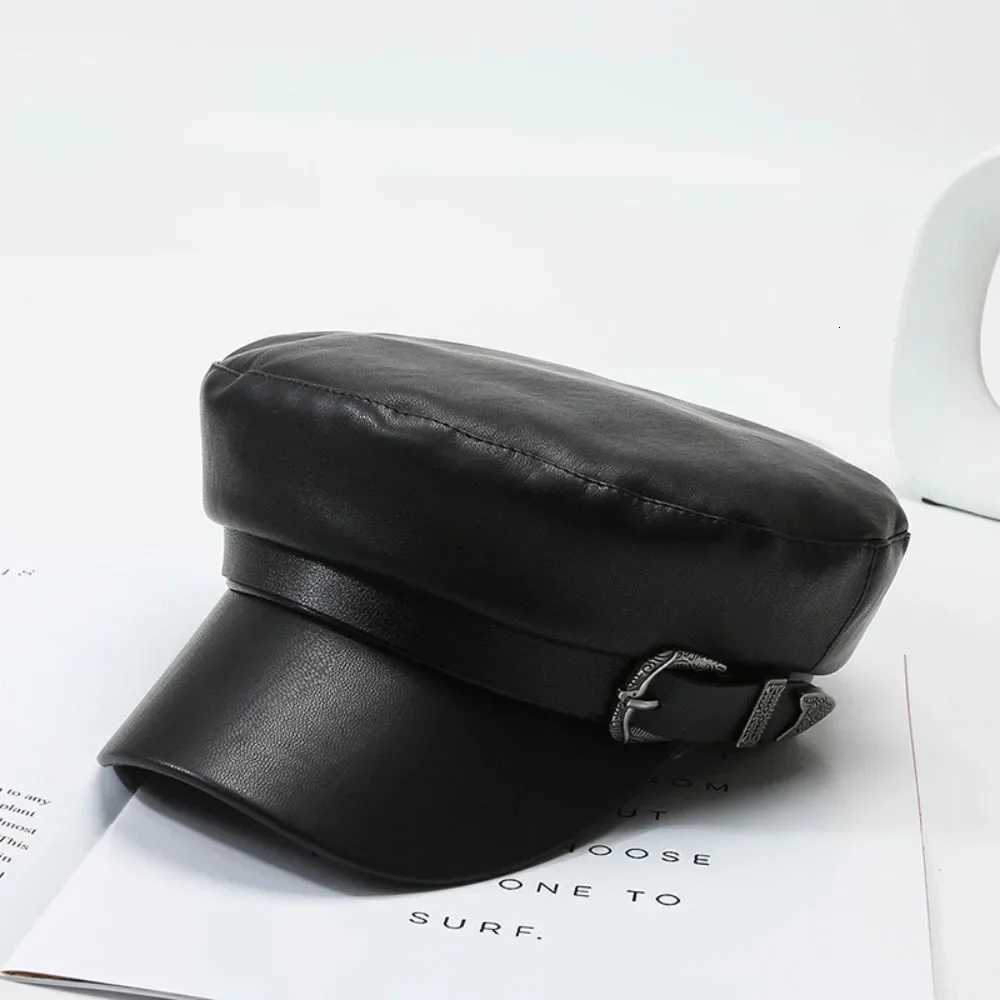 Wen Men Fashion Leather Hat with Belt Buckle Military Beret C Flat Top Sailor Hat Black Autumn Spring Casual Vintage Y251025