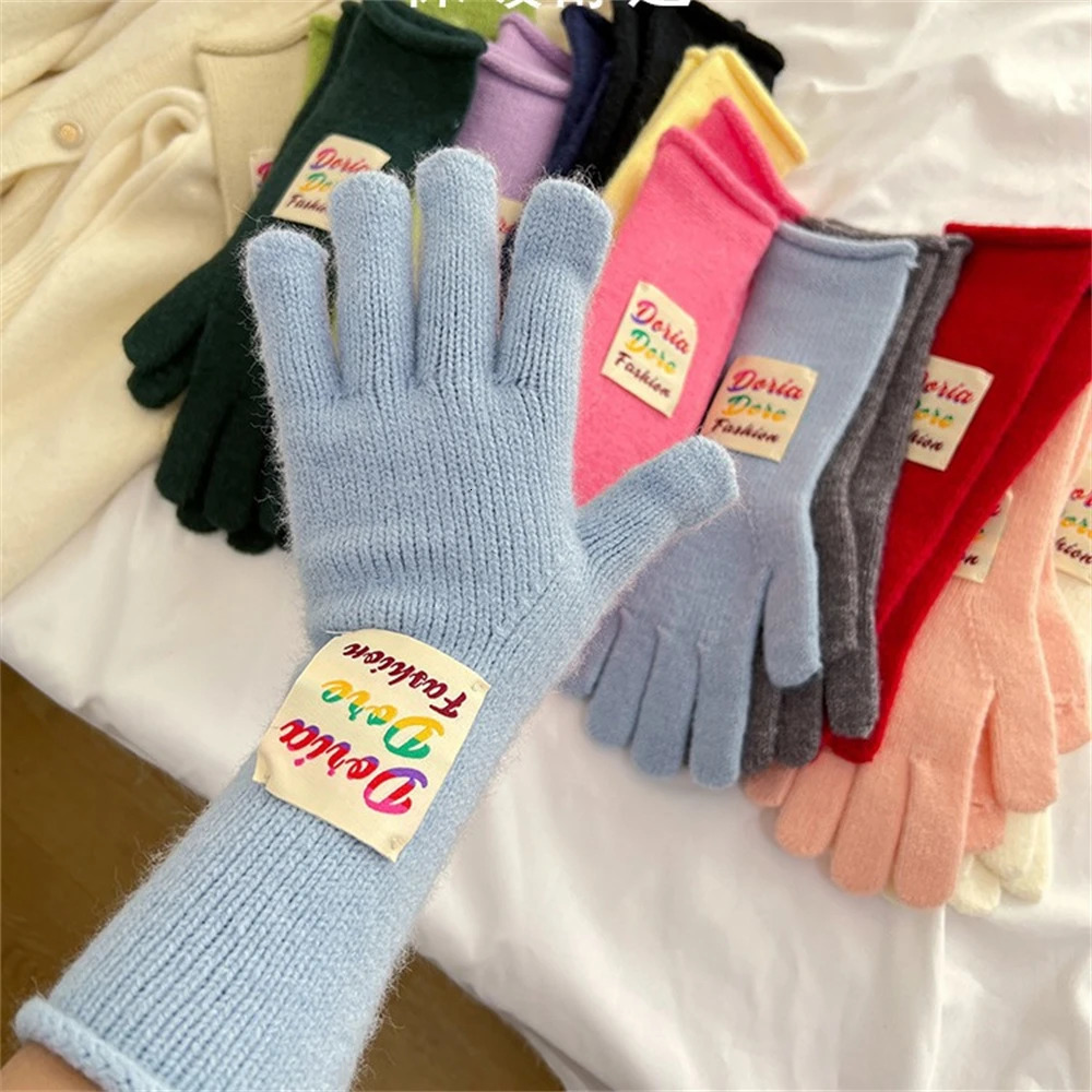 Solid Color Woolen Knitted Gloves Korean Long Split Finger Gloves Women Winter Thickened Student Mitten Touch Screen Work Gloves 251023