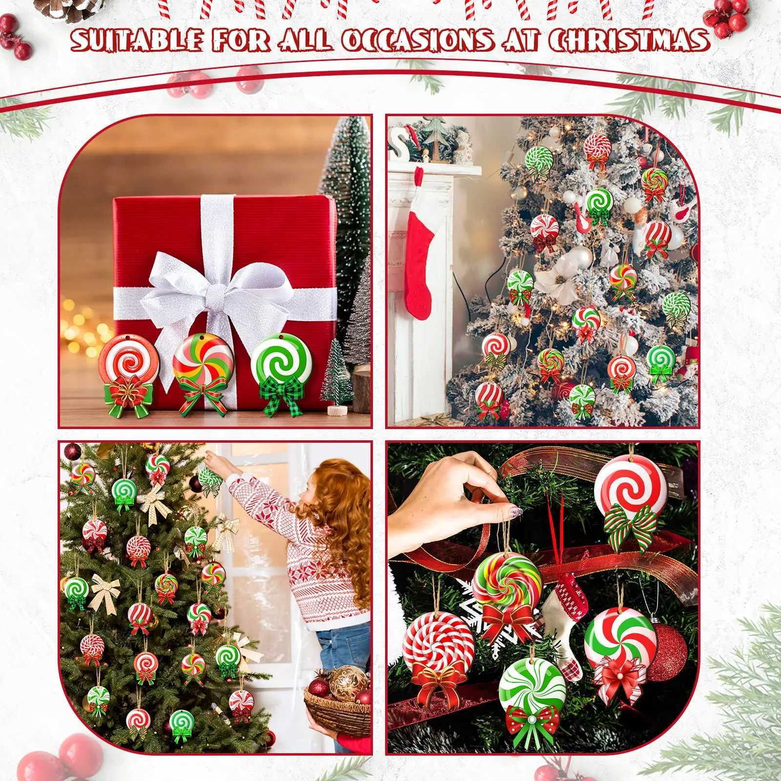 24 Pieces Peppermint Christmas Tree Ornaments Colorful Peppermint Wood Ornaments Lollipop Candy Christmas Ornaments C251024