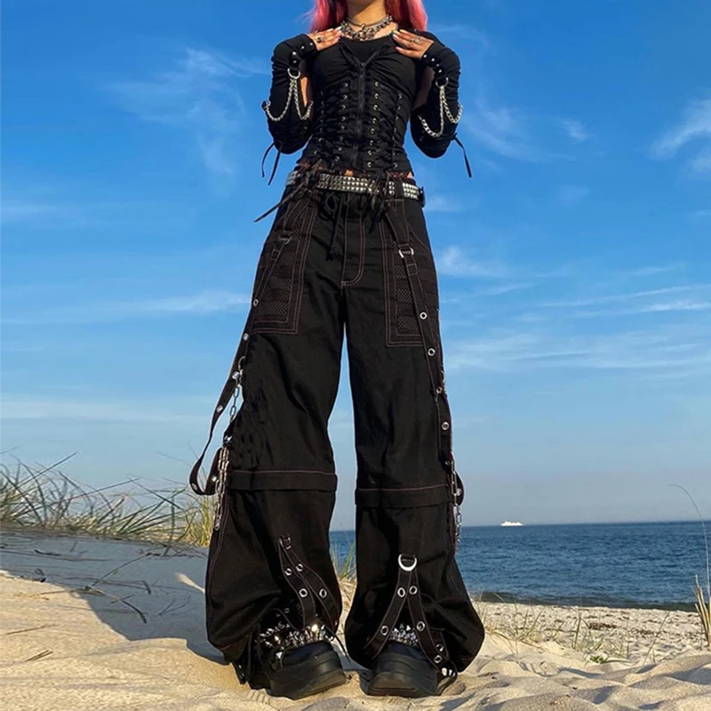 Punk Style Y2k Wid Leg Denim Pants Egirl Gothic Loose Trousers Cyber Grunge Cargo Pants Harajuku High Waist Baggy Jeans Women 251023