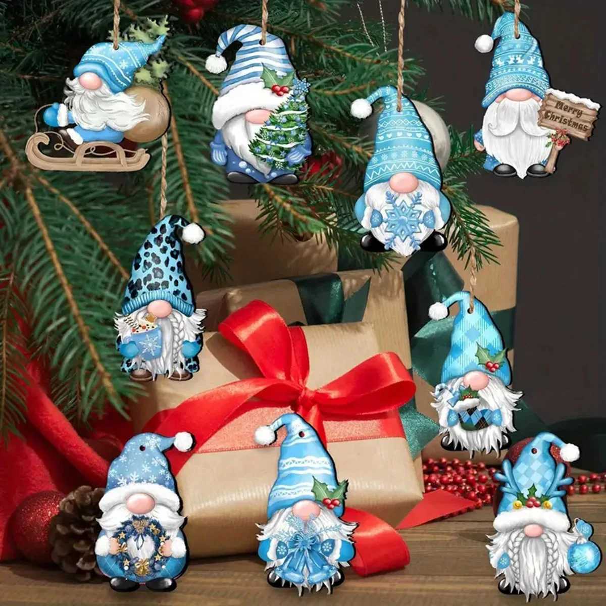 12 wooden Christmas and winter blue dwarf decorations perfect for Christmas and outdoor holiday parties C251024