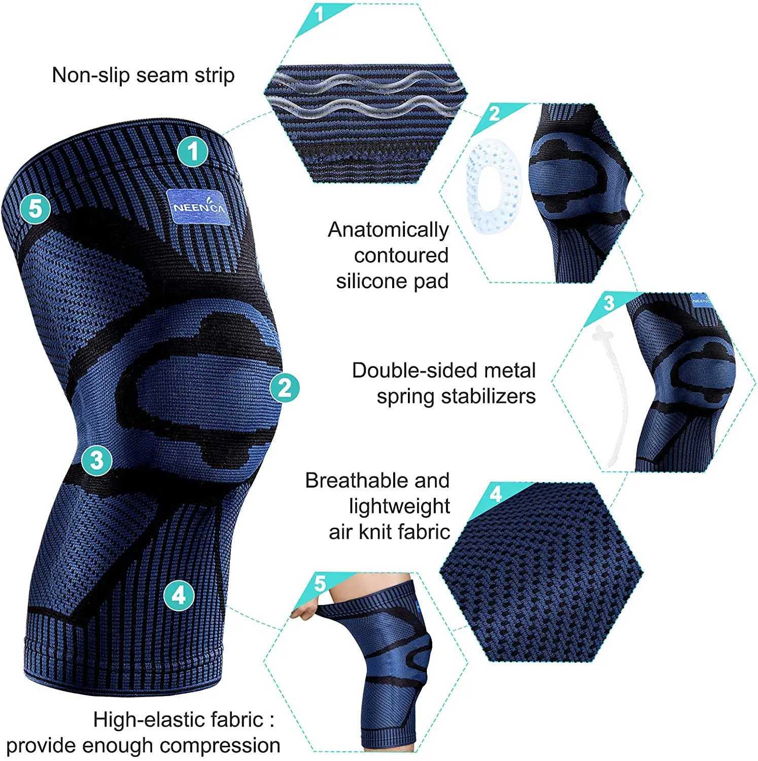 NEENCA Knee Brace Support with Side Stabilizers Patella Gel Knee Compression Sleeve for Knee Pain Meniscus Tear Injury Recovery Y251024