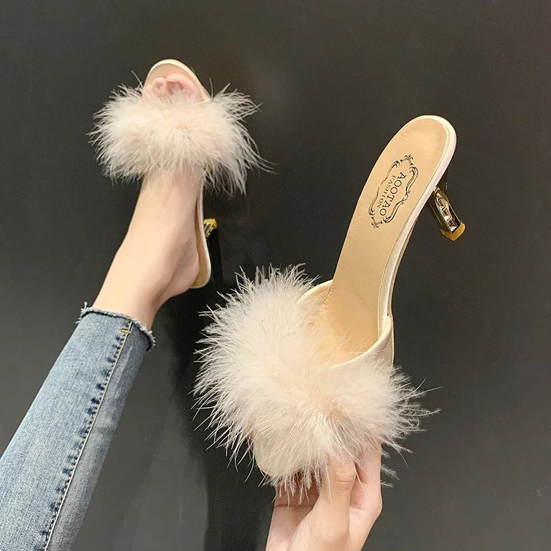 Large43 Mules Sandal Women Summer Outdoor Slippers Square Toe High Heels Office Ladies Feather Slides Chic Classics Furry Shoes 251023
