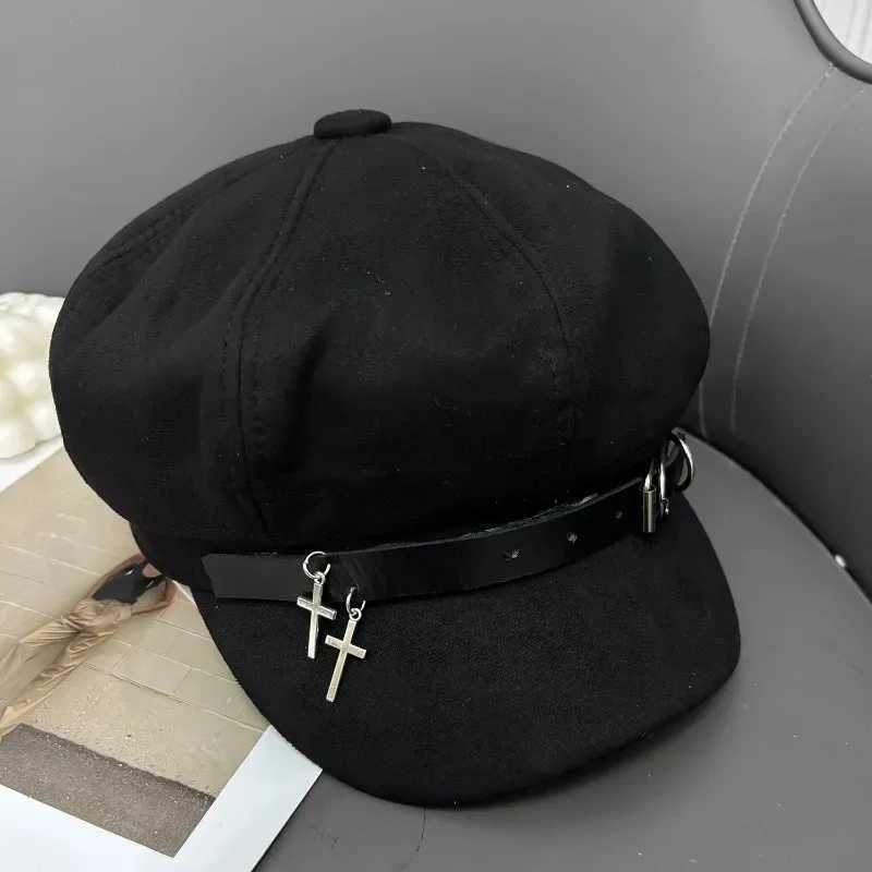 Y2K Gothic Cross Beret Hat Wen Unisex Harajuku Style Cotton Black Metal Decor Punk Rock C Autumn Winter Warm Hats Fashion Y251025