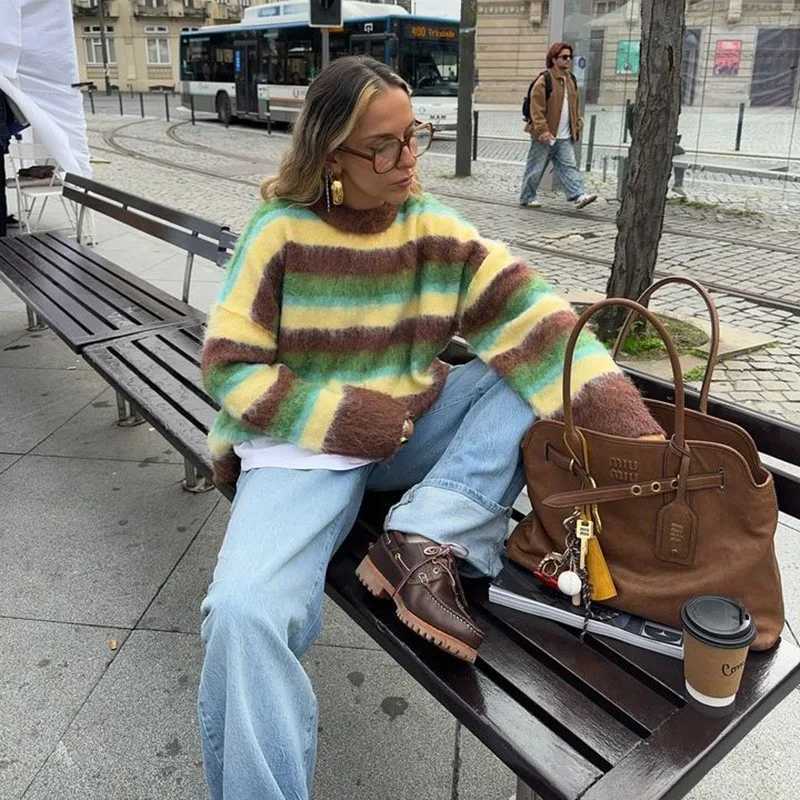 Striped Winter Clothes Woman Pulls Femmes Allmatch Loose Simple Style Sweater Comfortable Knitted Contrast Color Loose CasualT251025