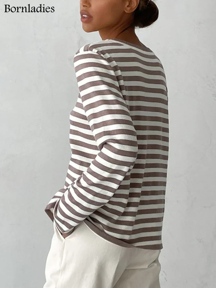 Bornladies Knitted Stripe Sweater Women 2025 Autumn Winter Loose Casual Thick Pullovers Female Warm Longsleeved Round Neck Tops 251023