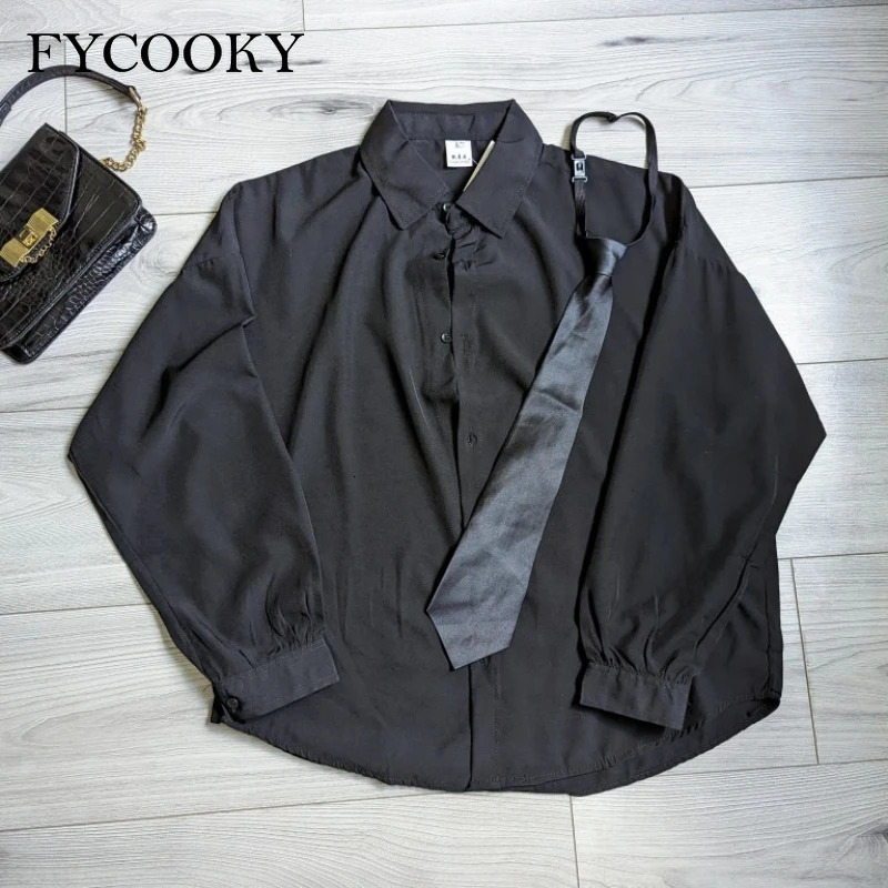 Black Longsleeved Shirts Men Korean Comfortable Blouses Casual Loose Single Breasted Shirt with Tie 251023