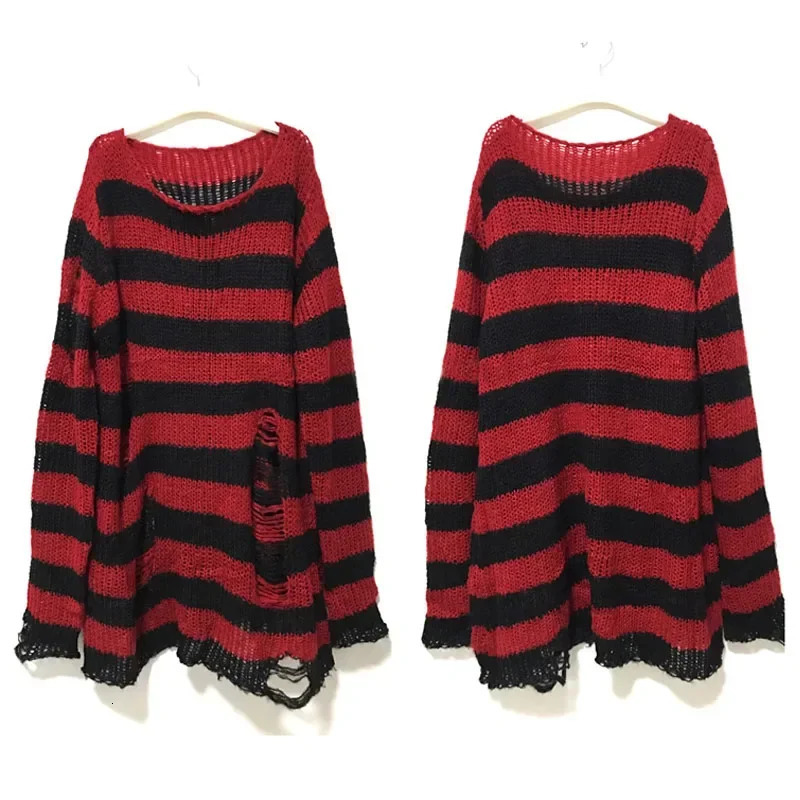 Autumn Punk Gothic Long Unisex Sweater Women Striped Cool Hollow Out Hole Broken Jumper Loose Rock Thin Dark Streetwear Top 251023