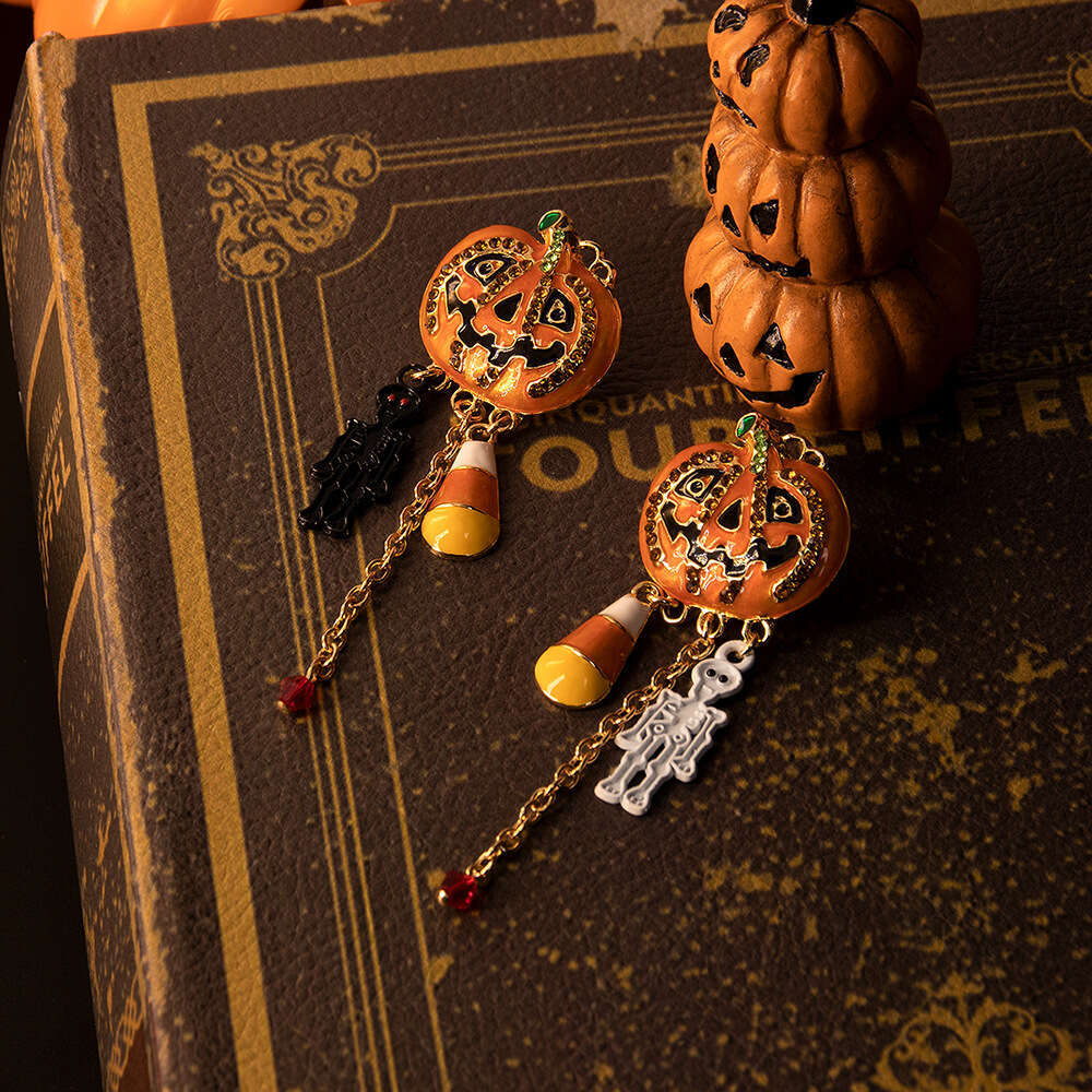 Fashionable Quirky Halloween Pumpkin Pendant Tassel Creative Personality Long Rhinestone Earrings