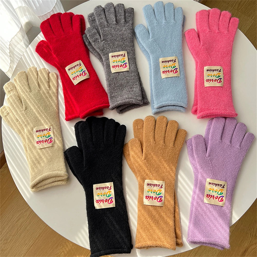 Solid Color Woolen Knitted Gloves Korean Long Split Finger Gloves Women Winter Thickened Student Mitten Touch Screen Work Gloves 251023