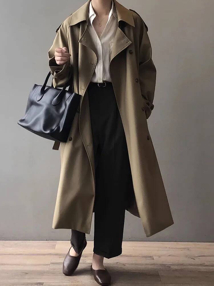 Women Double Breasted Loose Abrigos Korean Long Sleeve Trench Coats With Belt Spring Fall Casual Streetwear Gabardina Outerwears dongdumaoyi