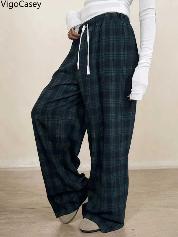 VigoCasey 2025 Women Plaid Print Pants Casual High Waist Wide Leg Pants Lady Green Baggy Pants Ladies Autumn Winter TrousersT251025