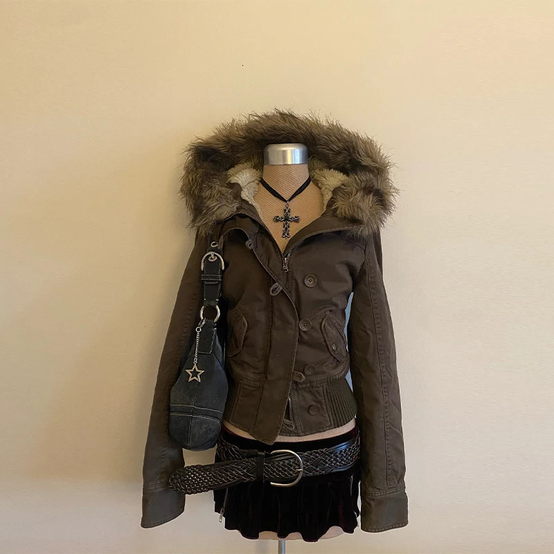Vintage Brown Short Hooded Jacket Womens Full Sleeve Slim Detachable Fur Collar Warm 2025 Winter Autumn Female Y2k Outwears 251015