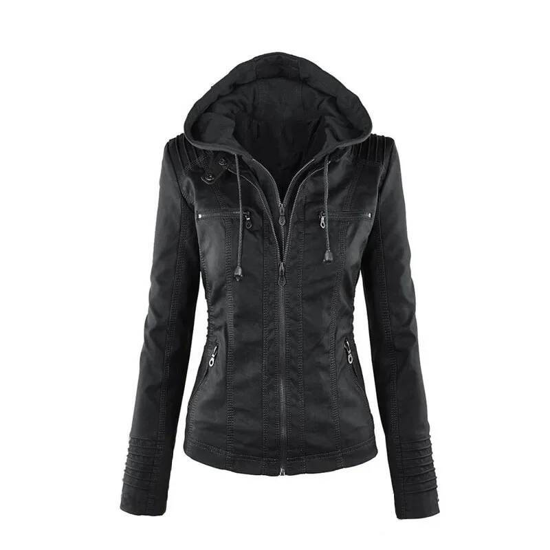 Gothic Faux Women 2025 Hoodies Winter Autumn Motorcycle Black Outerwear Leather PU Basic Jacket Coat dongdumaoyi