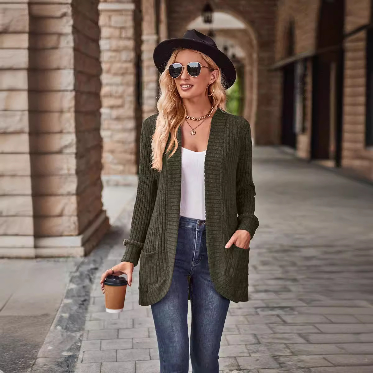 2025 Autumn New Solid Color Ribbed Brushed Casual Patchwork Long Sleeve Cardigan Jacket