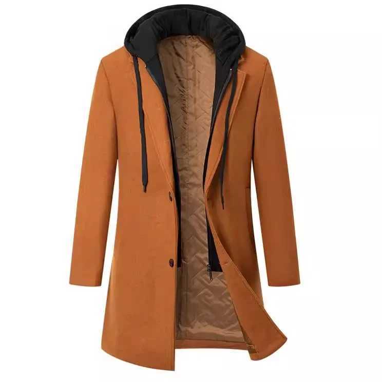 Mens Thickened Hooded Fake TwoPiece MidLong Wool Coat Solid Color Slim Fit Windbreaker Outerwear for Autumn and Winter S3XLT251025