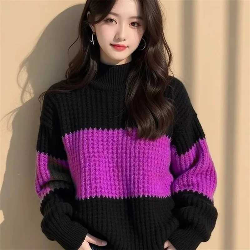 Cross Border Color Blocking Thick Thread Loose Sweater Womens New Winter Fashionable And Stylish Unique Knitted Lazy Base TopT251025