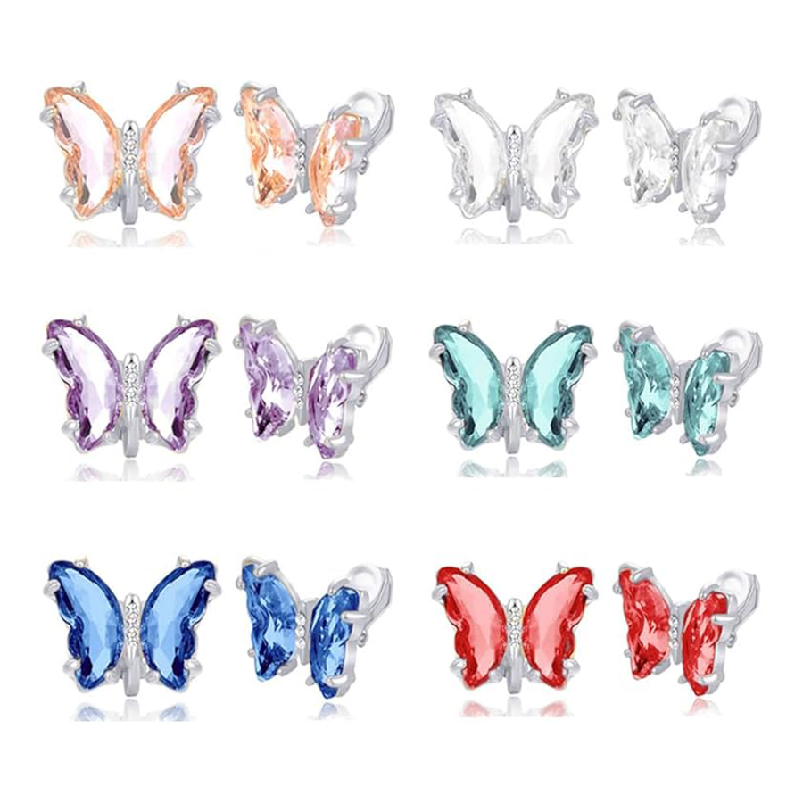 6 Pairs Butterfly Shape Crystal Clip on Earrings Non Pierced Stud Multicolored CZ Earrings for Women Silver Tone