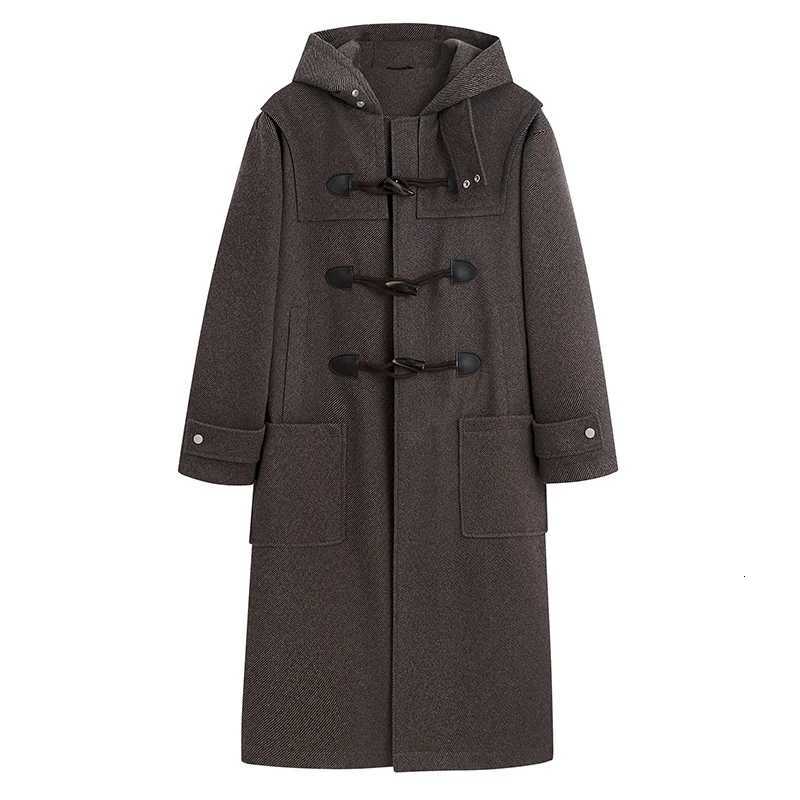 Coffee Color Mens Long Hooded Blend Trench Coat with Bullhorn Buttons Retro Midlength Windbreaker with Extended CoatT251025