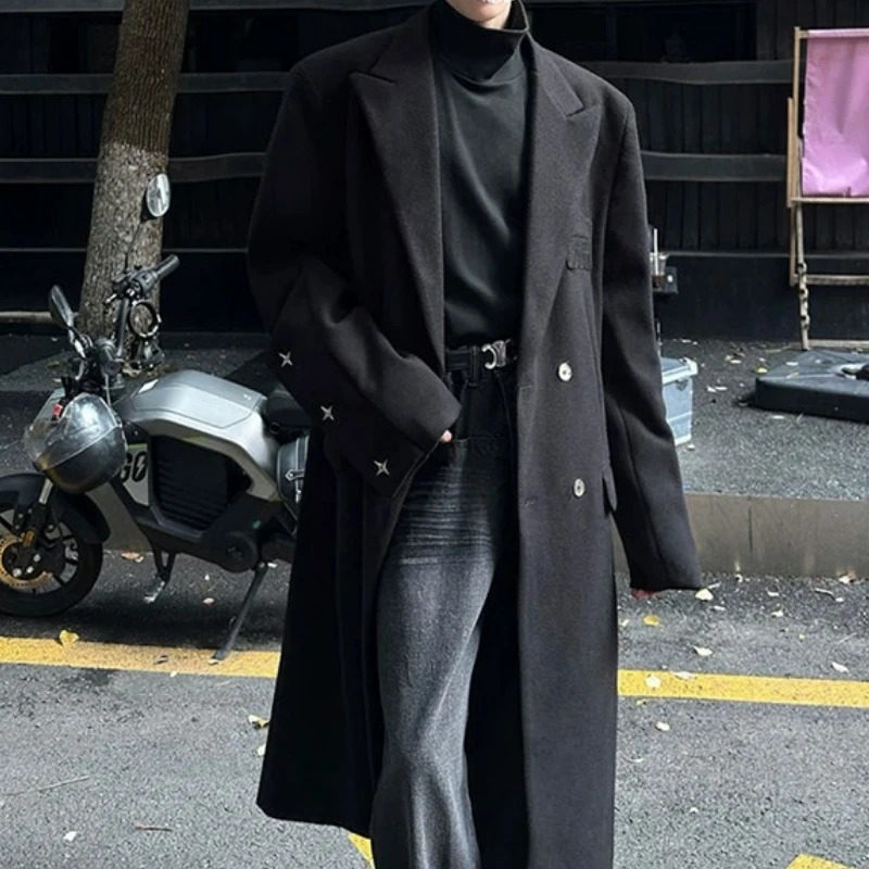Autumn Winter Mens Versatile Length Woolen Coat Over Knee Double Breasted Tweed Windbreaker Outerwear Faionable Korean Style 251023