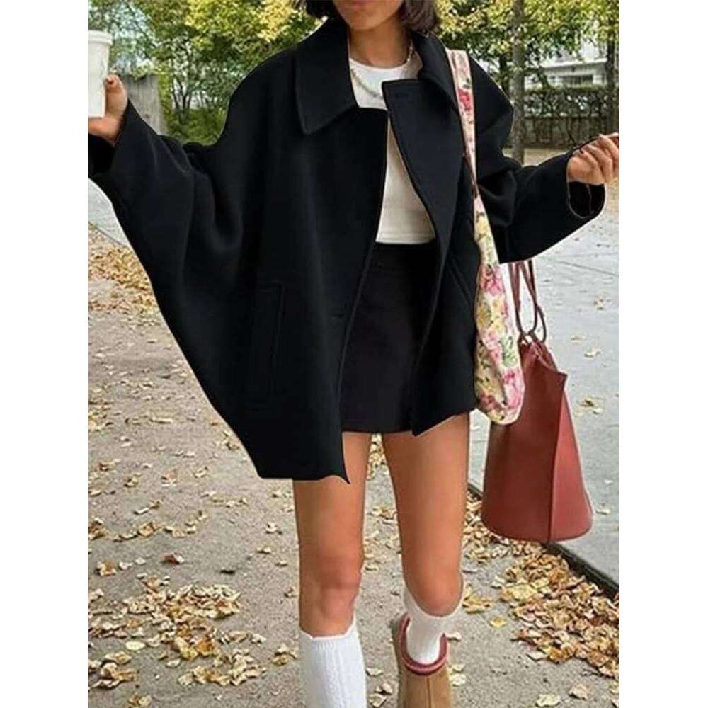 Women S Oblique Button Loose Batwing Sleeve Jacket Lapel Double Pocket Warm Solid Vintage Outerwear Fall Winter Coat