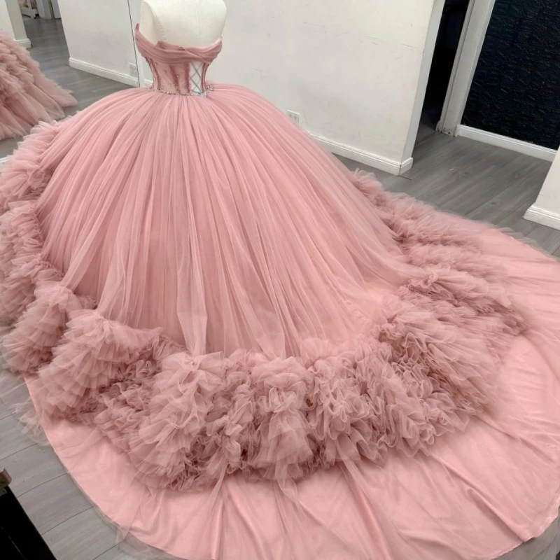 Pink Quinceanera Dresses Ball Gown Off The Shoulder Beading Crystal Corset Tiered Tull Party Birthday Sweet 16 Dress Vestidos 15