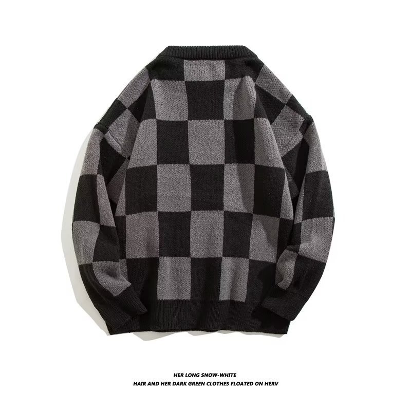 Green Checkerboard Sweater Knitted Sweater Plaid Round Neck Designer Sweater Loose Sweater Unisex Spring Autumn Lazy Style Design Sense Small