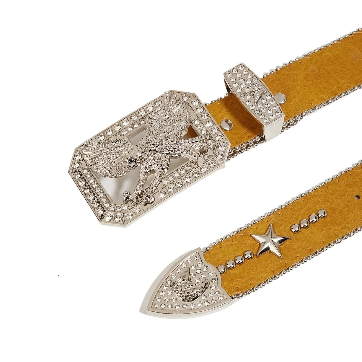 1pc Mens Yellow Y2k Punk Rhinestone Eagle Buckle Rivet Belt Jeans Versatile Decorative Belt 251024