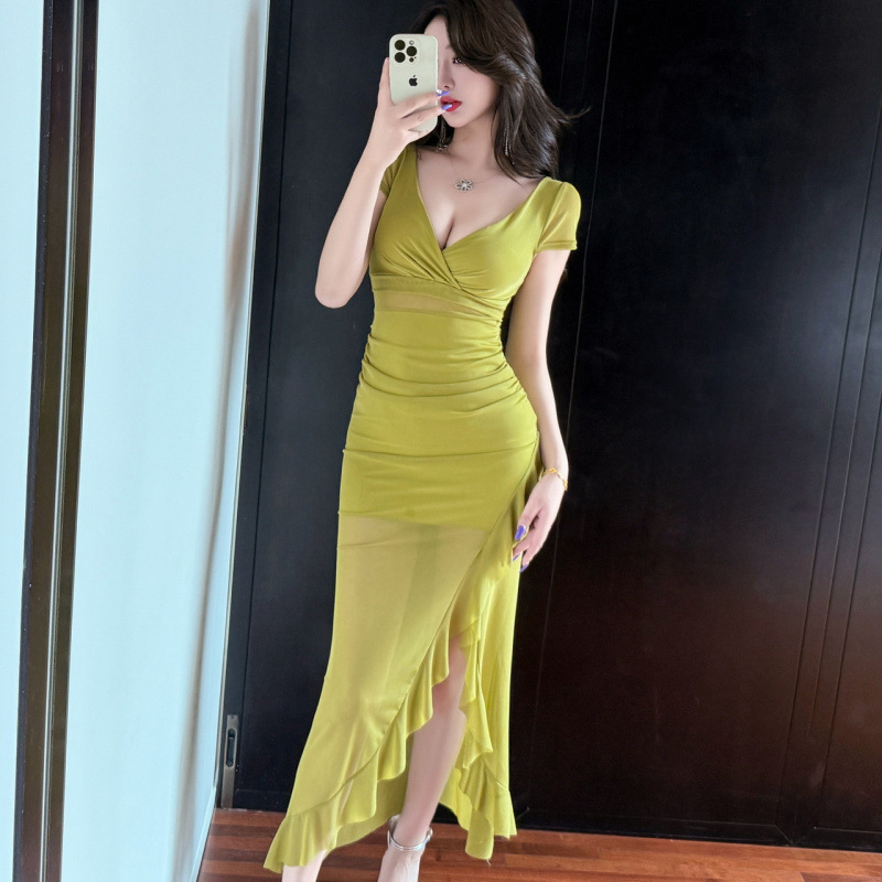New Nightclub Designer Long Dress Sexy Low cut Mesh Dress Women's Sauna Massage Foot Bath Technician Work Clothes