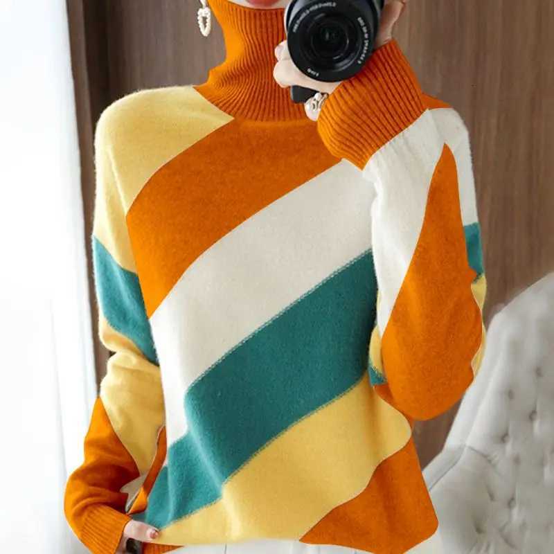 Autumn Winter New Turtleneck Long Sleeve Fashion Sweater Women High Street Contrast Color Pullovers Casual Elegant Allmatch TopT251025