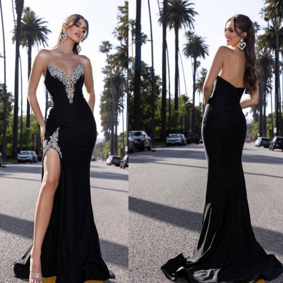 Sexy Evening Dress V-Neck Side Split Mermaid Prom Gowns Satin Crystal Backless Ball Gown Size Customized