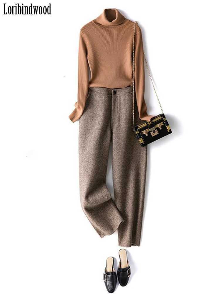 Loribindwood Woolen Pipe Pants Women 2023 Autumn and Winter Loose Straight High Waist Tweed Casual Nine Points Radish TrousersT251025