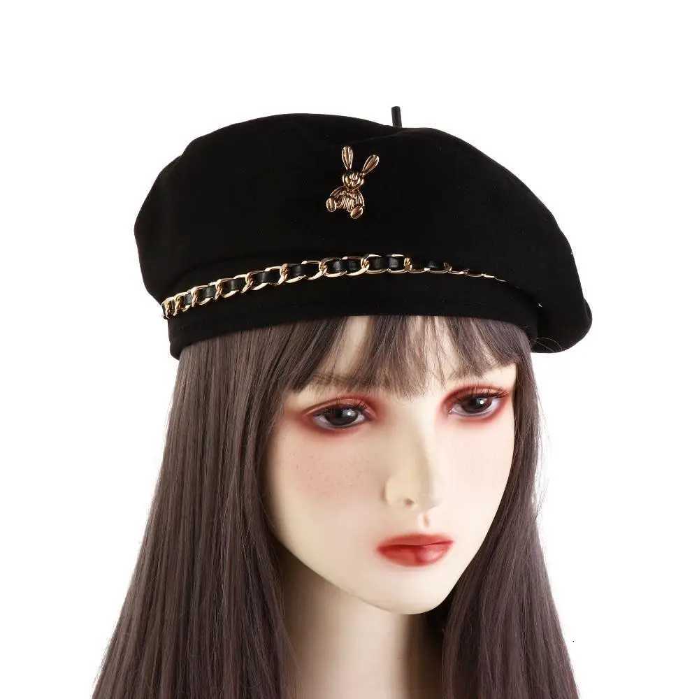 Gift Metal Chain Girl Beanie Hat Windproof Rabbit Pattern Korean Style Hat Winter Autumn Beret Wen Beret Fashion Painter Hat Y251025