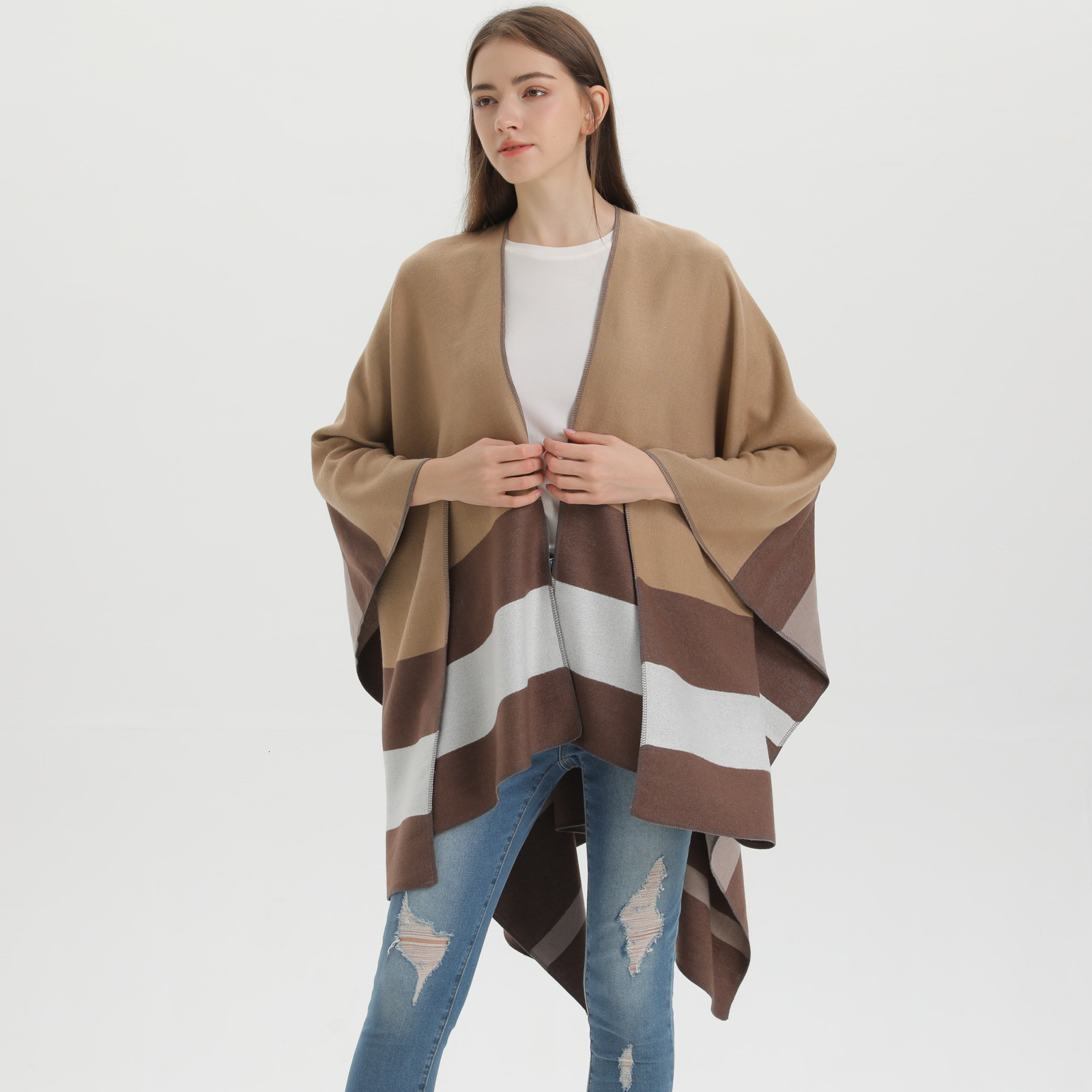 New DoubleSided Scarf Shawl Fashion Striped Cape Womens Outerwear Warm Cardigan