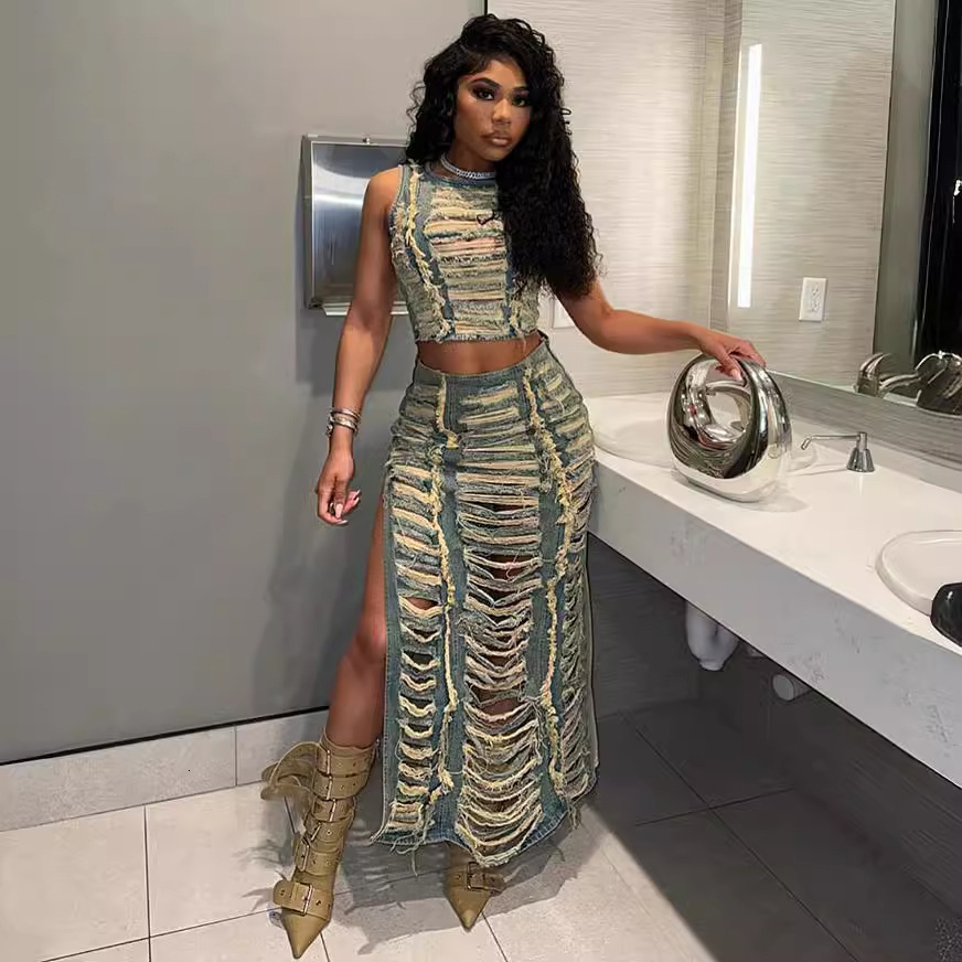 designer dress dresses for woman elegant women's set trendy personality handmade frayed vest slit denim skirt tracksuit women