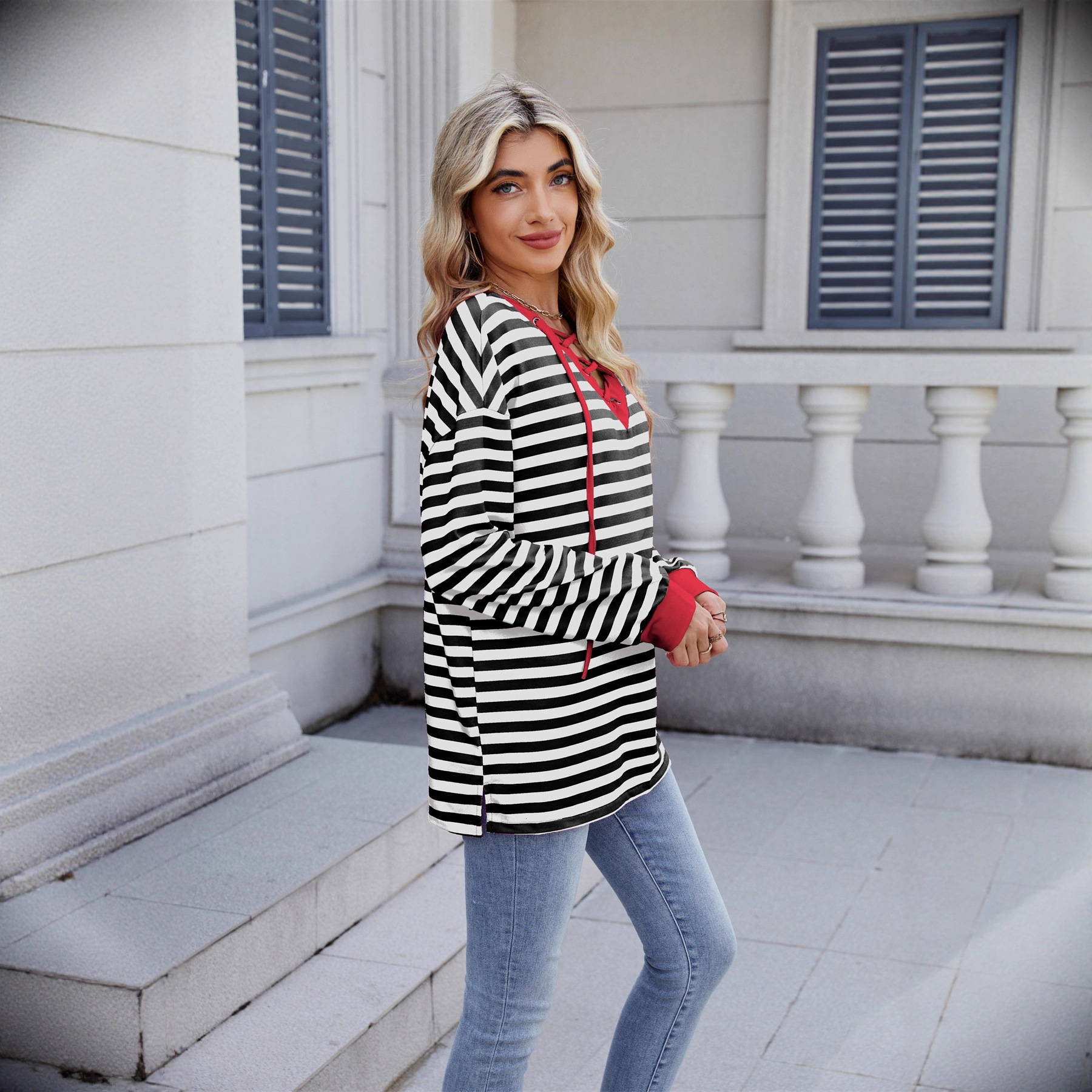 2025 Autumn Winter New Fashion Striped Top Womens Loose Tie Sweatshirt