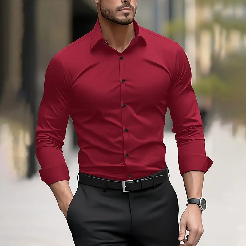 Mens formal shirt solid color wedding outdoor black red navy blue dark green long sleeve lapel summer spring clothing XS6XL 251020