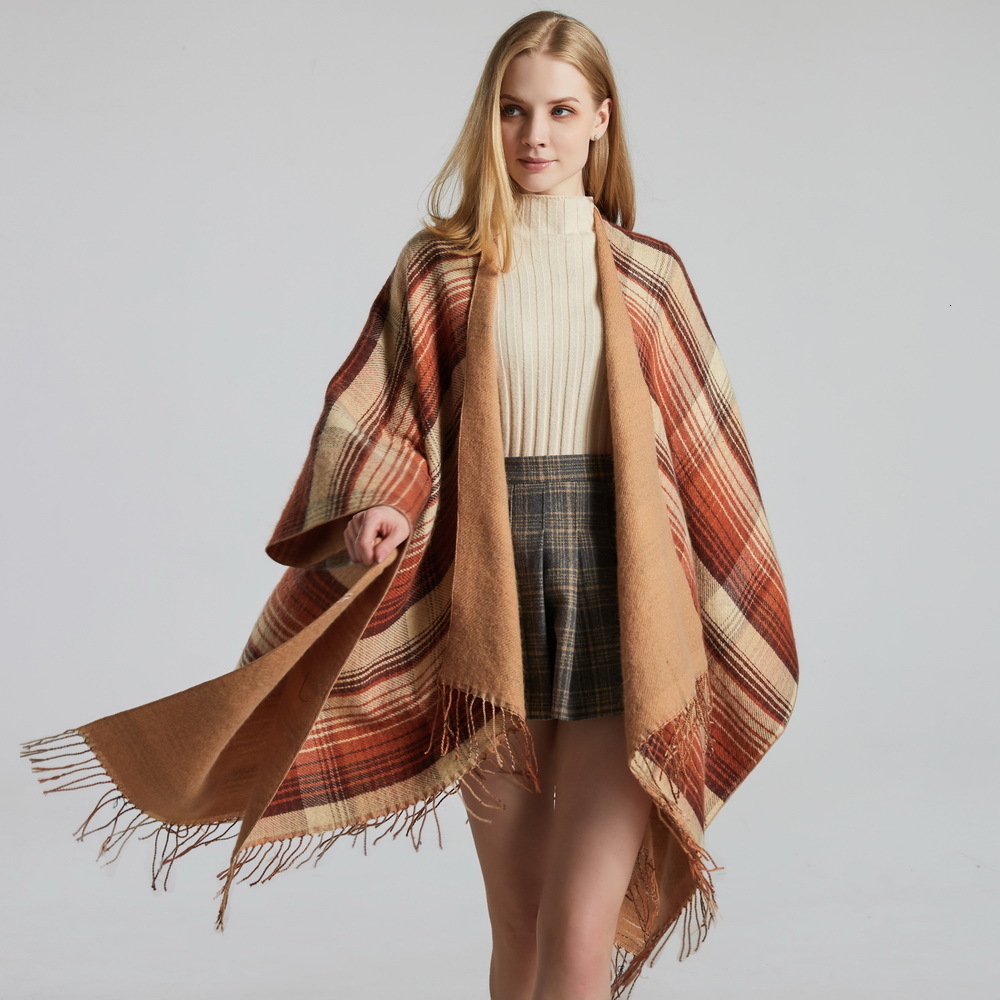Scottish Classic Colorful Plaid Shawl Cape Imitation Cashmere Tassel Thickened Warm Split Shawl