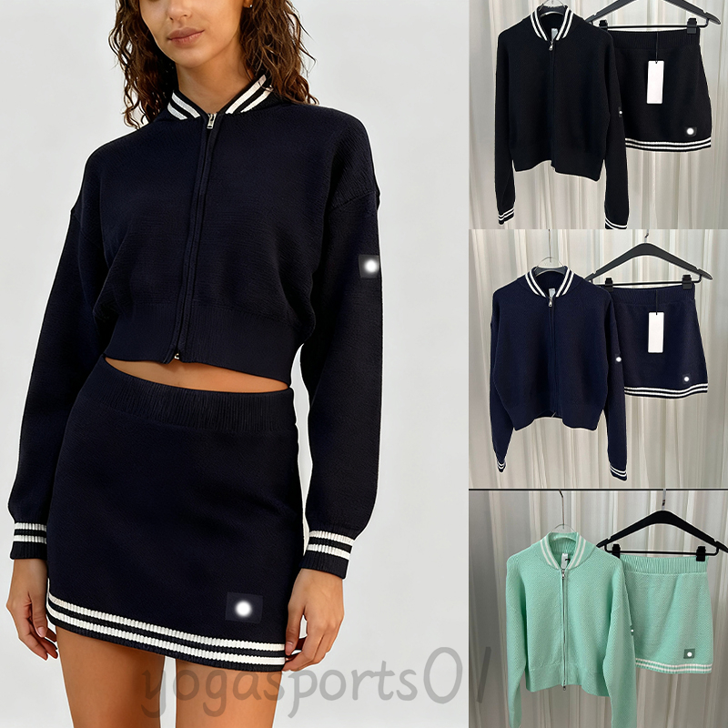 Designer Sweater Yoga Set 2 Piece Autumn Winter Outdoor Knitted Tracksuit Sweater Women Striped Sporty Casual Tennis Skirt Baseball Collar Knitted Jacket Coat Suit