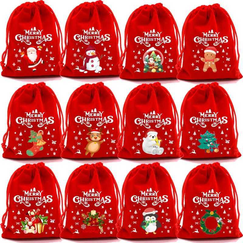 20pcs Xmas Velvet Bags Small Candy Gift Bag Drawstring Pouch Christmas Party Favor Boutique Jewelry Packaging Bags 2024 New Year C251024