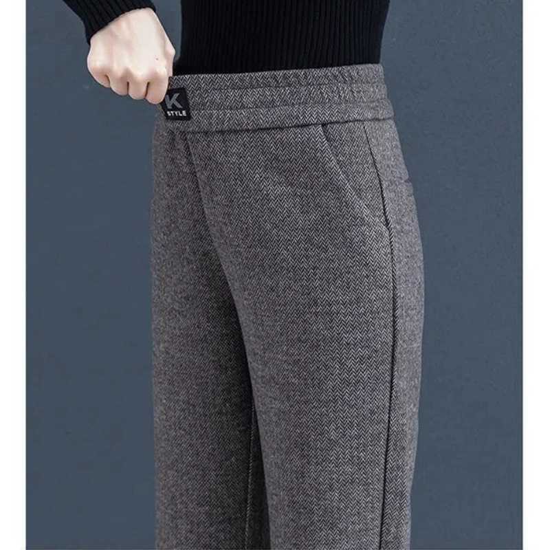 Simplicity Fashion Autumn Winter Woolen Pants Women Solid Pockets High Waist Plus Velvet Straight Wide Leg Ankle Length TrousersT251025