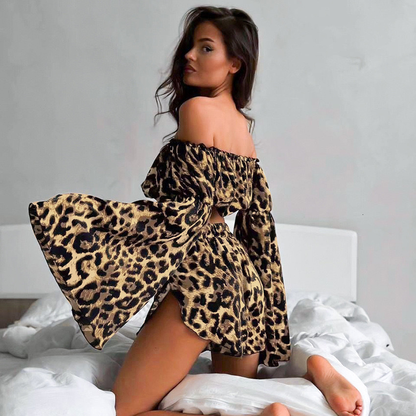 European and American designers fashion new leopard print sexy top and shorts two-piece set with off shoulder long sleeved shorts